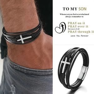 🕊Multi-Layer Braided Leather Stainless Steel Cross Magnetic Latch Bracelet